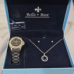 Rose gold watch, necklace and earring set